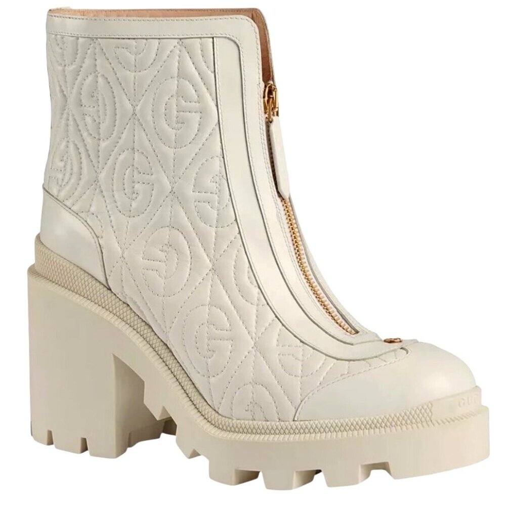 Gucci GG Rhombus Matelassé Leather Ankle Boots White Women’s 42 New